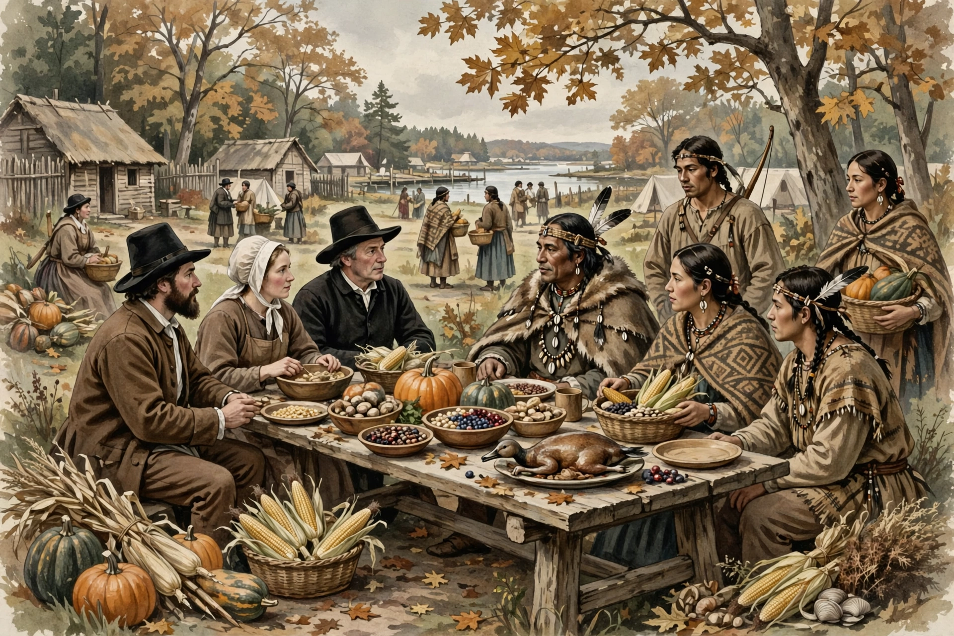 Historical illustration of the 1621 Plymouth harvest gathering with English colonists and Wampanoag people sharing an outdoor feast
