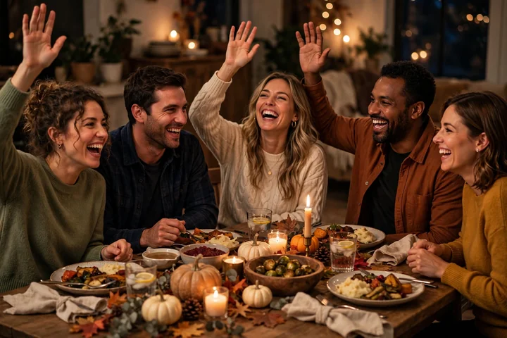 Adults enjoying Thanksgiving games at a festive holiday dinner table