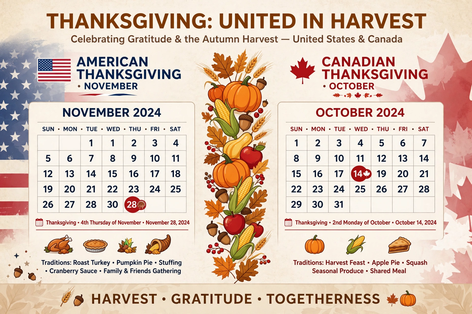 American vs Canadian Thanksgiving date comparison Side-by-side comparison of American and Canadian Thanksgiving dates with flags and calendars