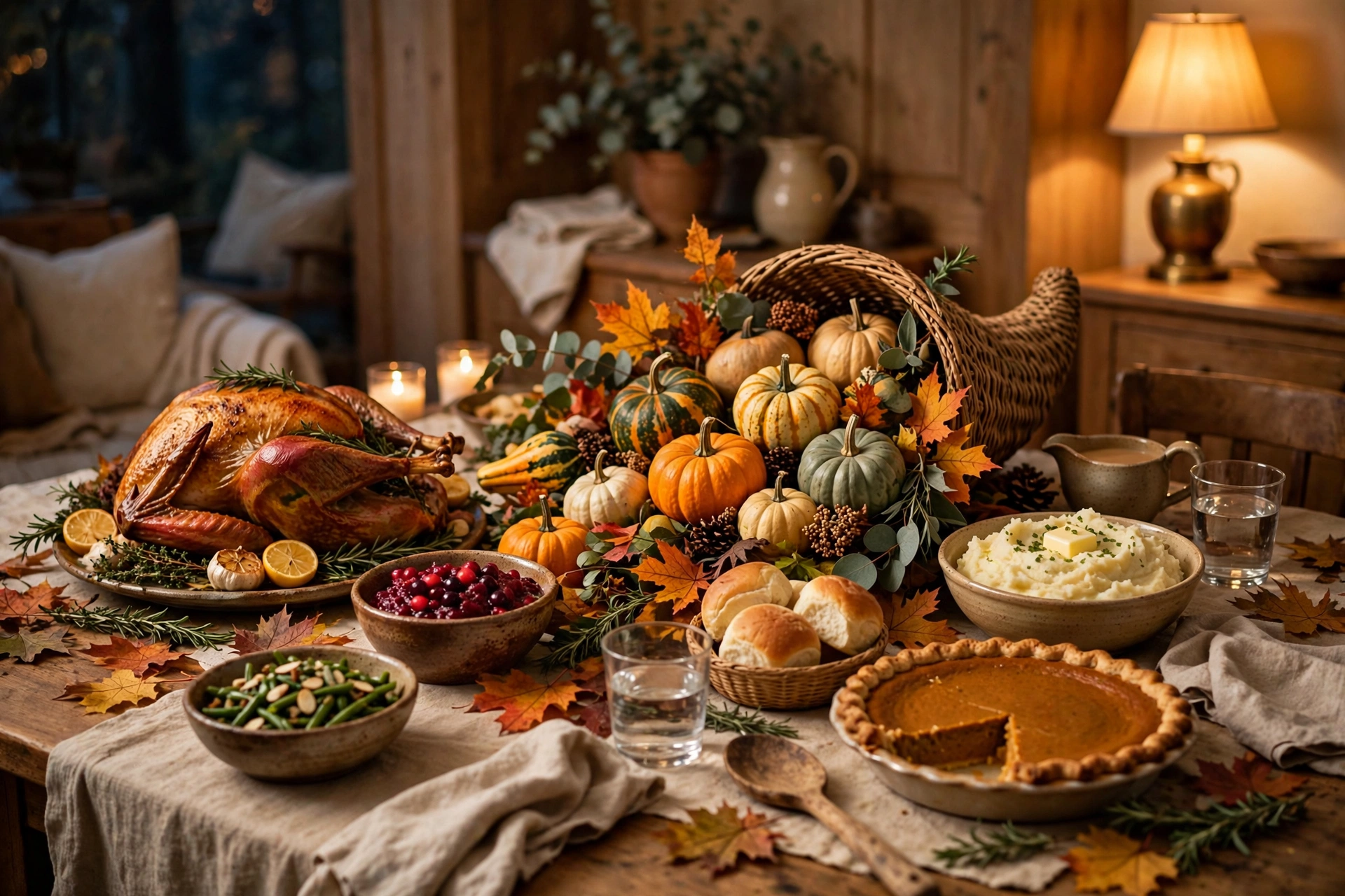 Traditional American Thanksgiving feast with roast turkey, cornucopia and pumpkin pie