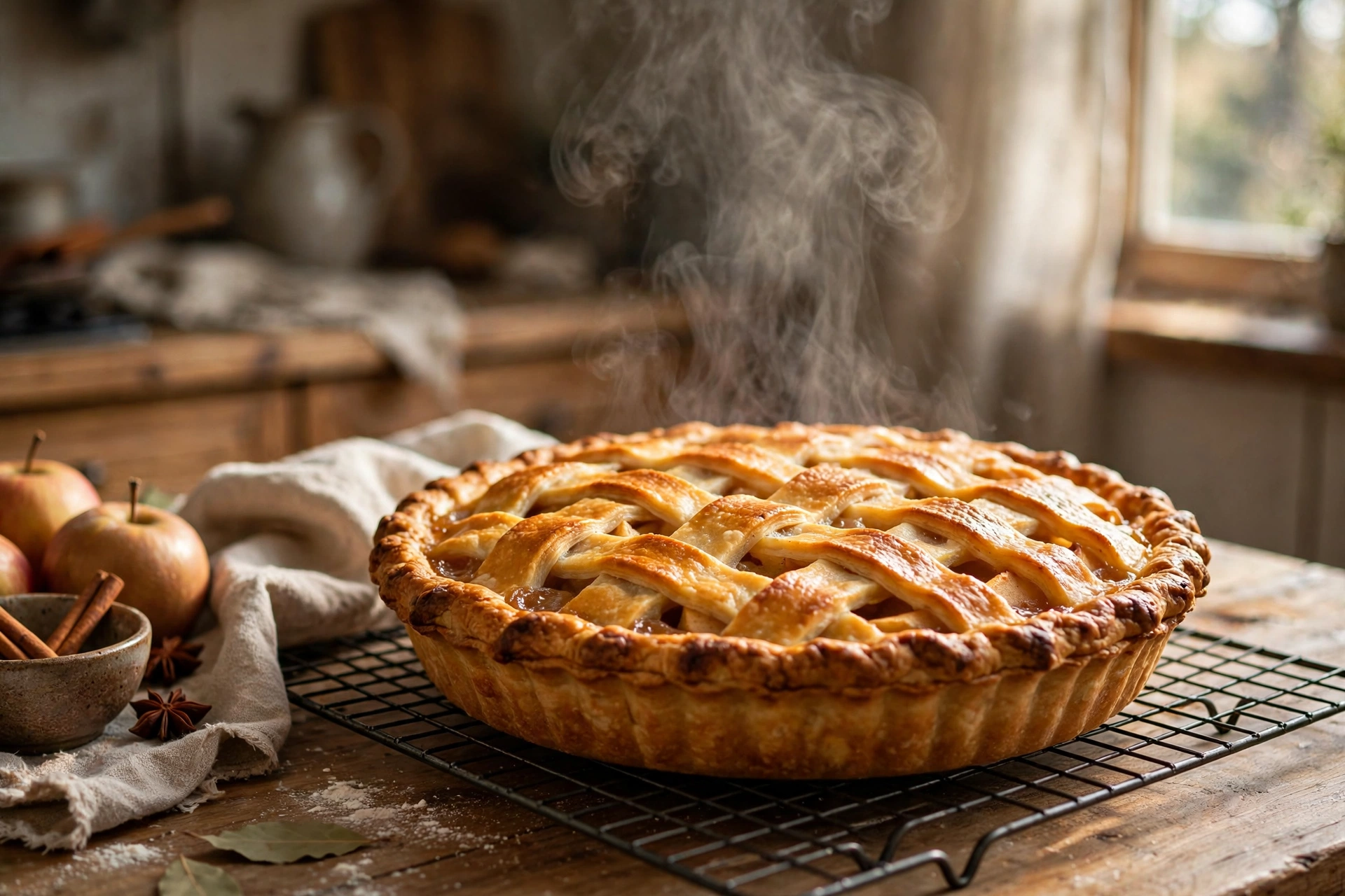 Apple pie cooling on a wire rack in a home kitchen