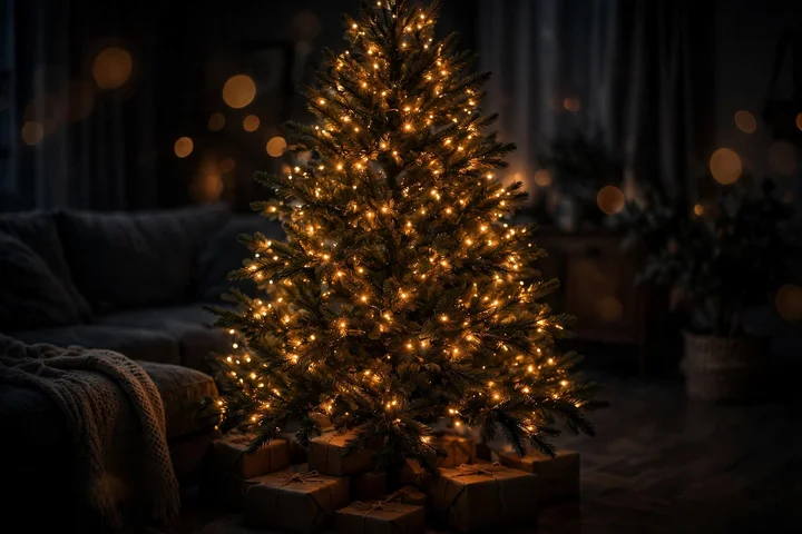 Christmas tree wrapped in warm fairy lights — christmas lights ideas
