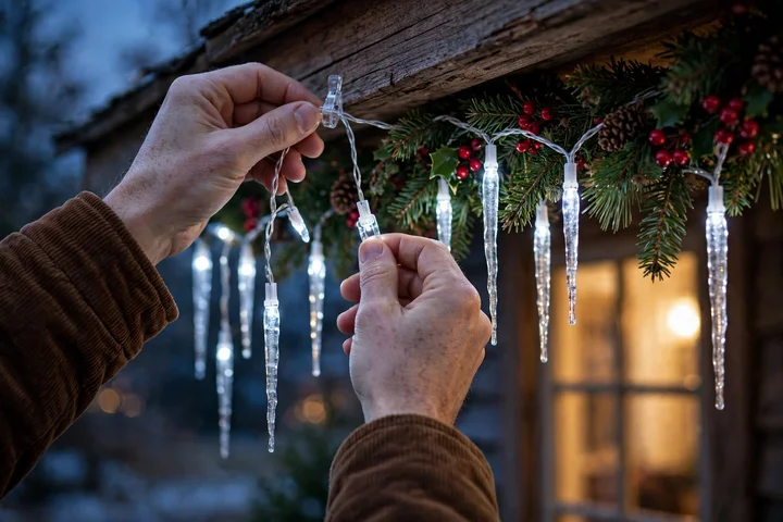 Hanging icicle lights along a porch eave — christmas lights ideas 2026