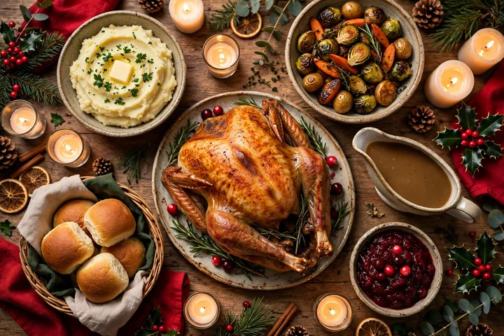 Traditional Christmas dinner table with roast turkey — christmas dinner menu 2026