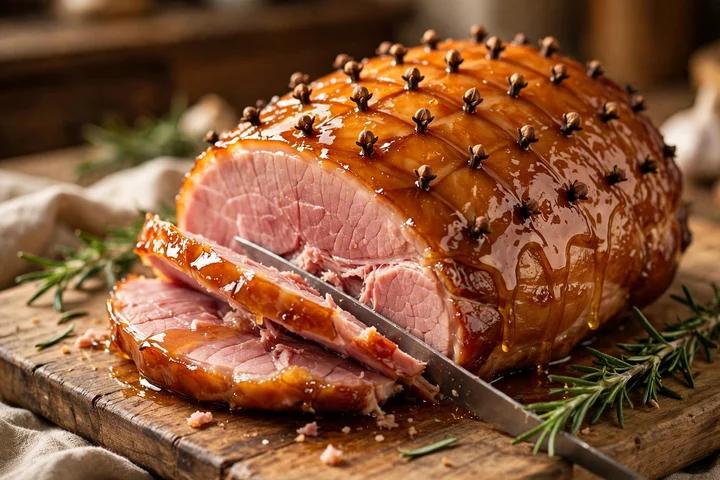 Slicing a honey-glazed Christmas ham — christmas dinner menu