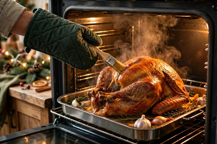 Basting a roast turkey in the oven — christmas dinner menu 2026