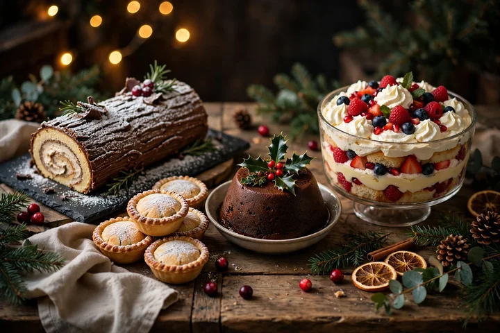 Christmas desserts including yule log and mince pies — christmas dinner menu