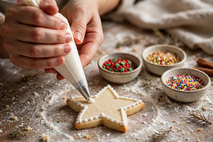 Decorating a sugar cookie with royal icing — easy christmas cookies