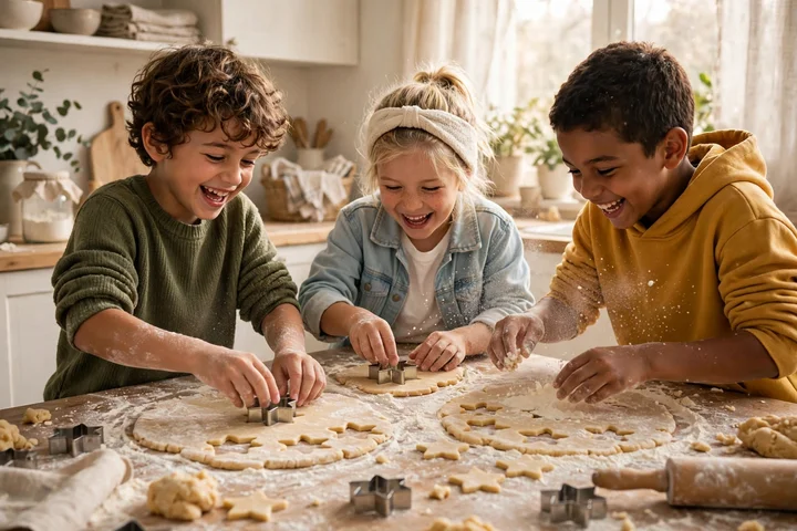 Kids cutting Christmas cookie shapes — easy christmas cookies