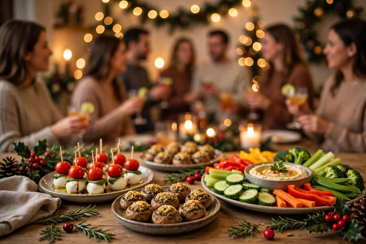 Christmas party appetizer table with guests — christmas appetizers