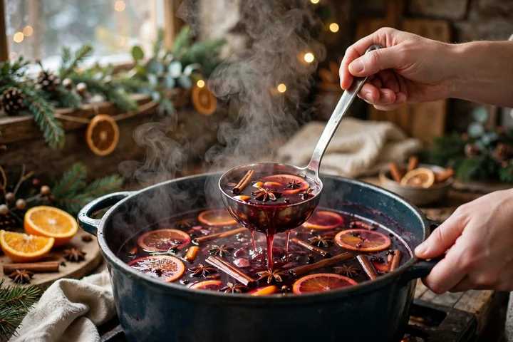 Ladling hot mulled wine — christmas drinks 2026