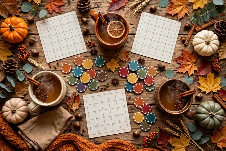 Festive autumn table set for Thanksgiving bingo game night