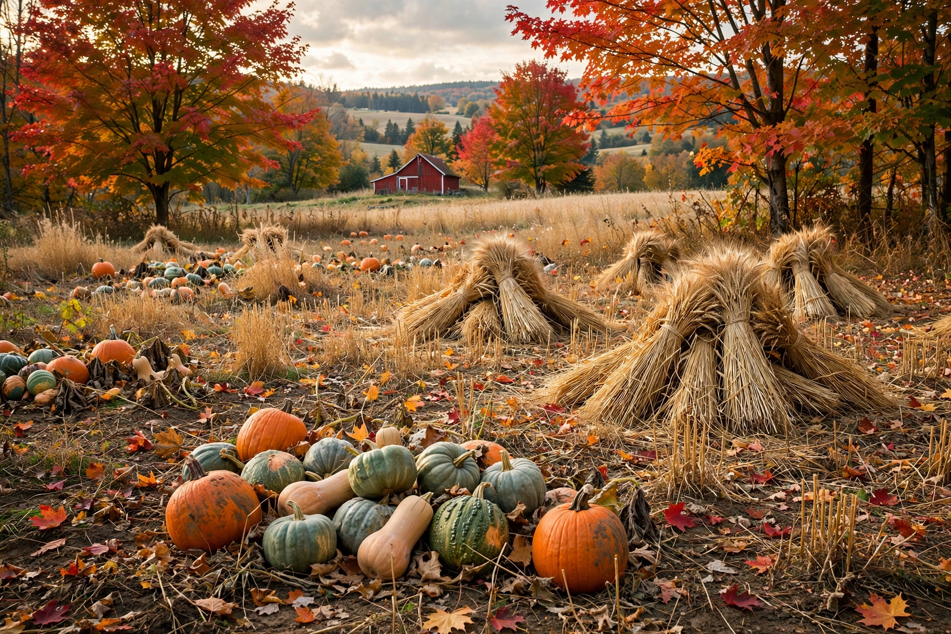 Canadian autumn harvest scene with pumpkins, wheat sheaves and fall foliage for Thanksgiving