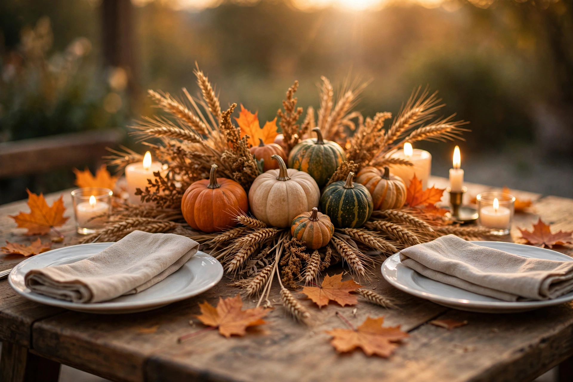 Autumn Thanksgiving table setting with pumpkins, wheat, candles, and linen napkins at golden hour