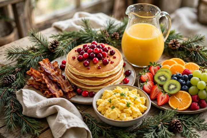 Full Christmas brunch spread with pancakes and bacon — christmas breakfast ideas