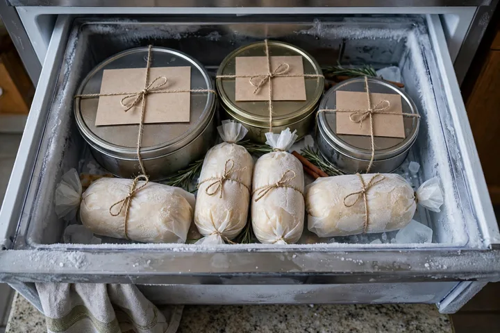 Freezer stocked with Christmas cookies and dough — christmas baking timeline 2026