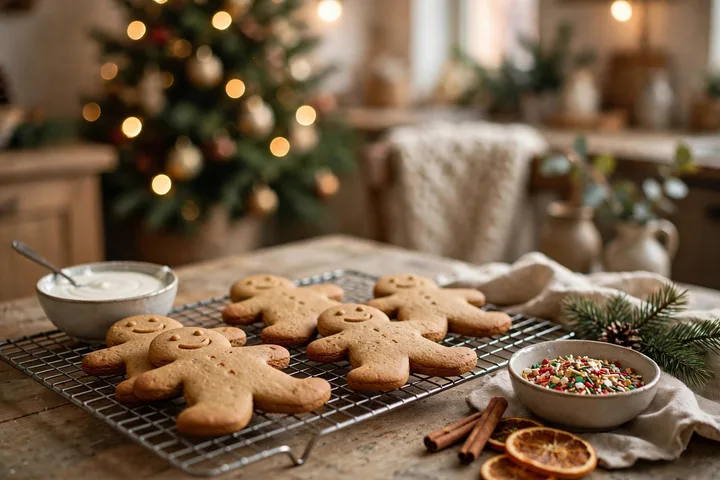 Fresh gingerbread cookies cooling on a rack — christmas baking timeline