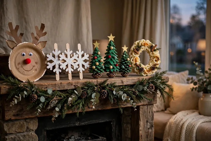 Finished kids Christmas crafts on a mantel — christmas crafts for kids 2026