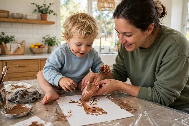 Toddler making footprint reindeer art — christmas crafts for kids