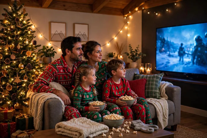 Family Christmas movie night in cozy living room — family christmas movies 2026
