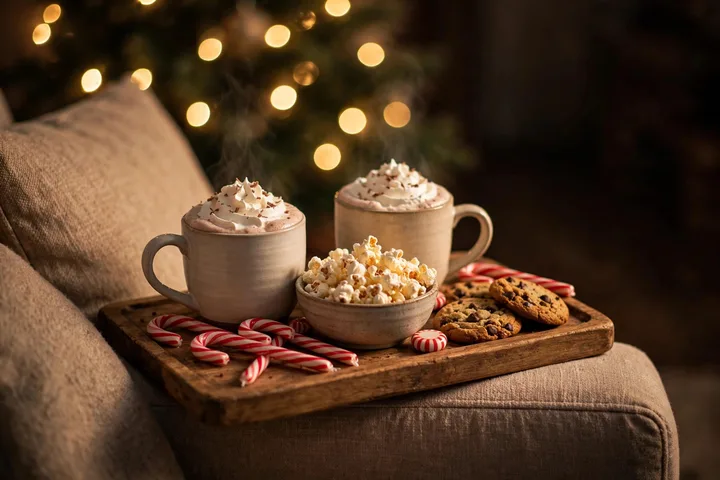 Hot cocoa and popcorn for Christmas movie night — family christmas movies