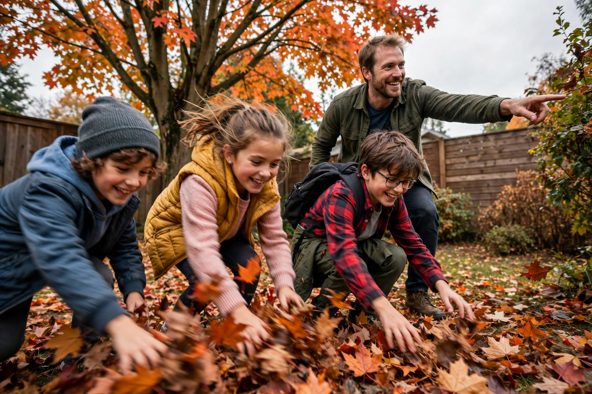 Kids and adults on a backyard scavenger hunt searching through autumn leaves