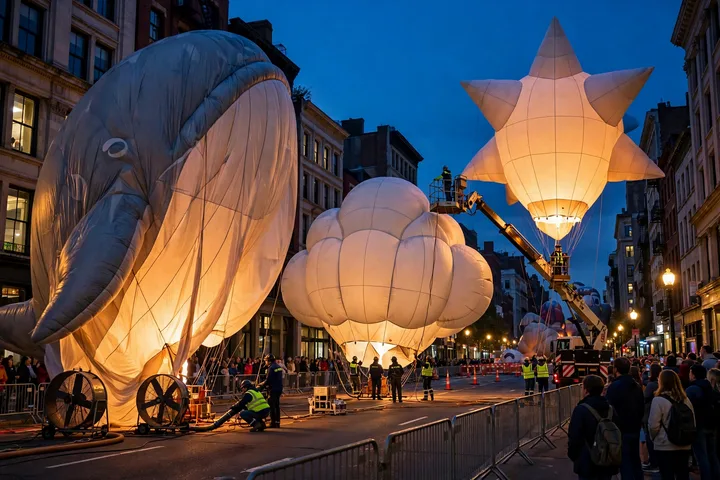 Giant balloons being inflated at dusk before the Macy's Thanksgiving Day Parade 2026