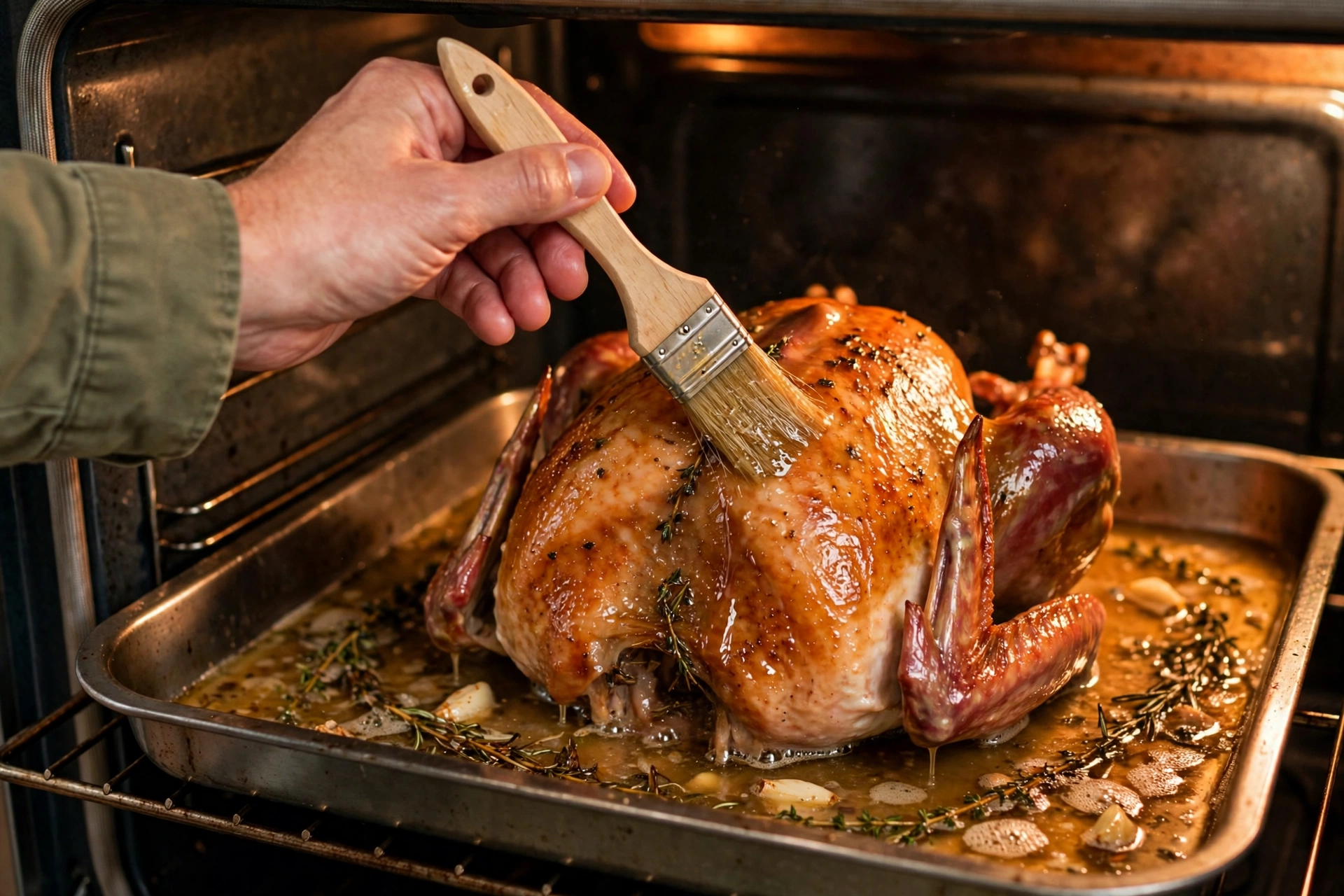 Basting the turkey Spoon basting a roasting turkey with pan juices