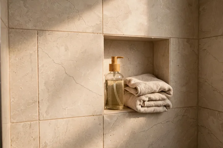 Detail of elegant bathroom wall tile in a remodeled bathroom