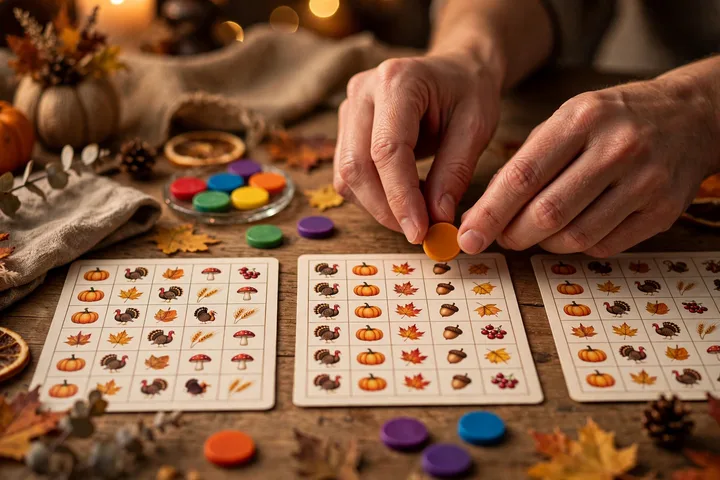 Hands placing bingo markers on Thanksgiving bingo cards with harvest pictures