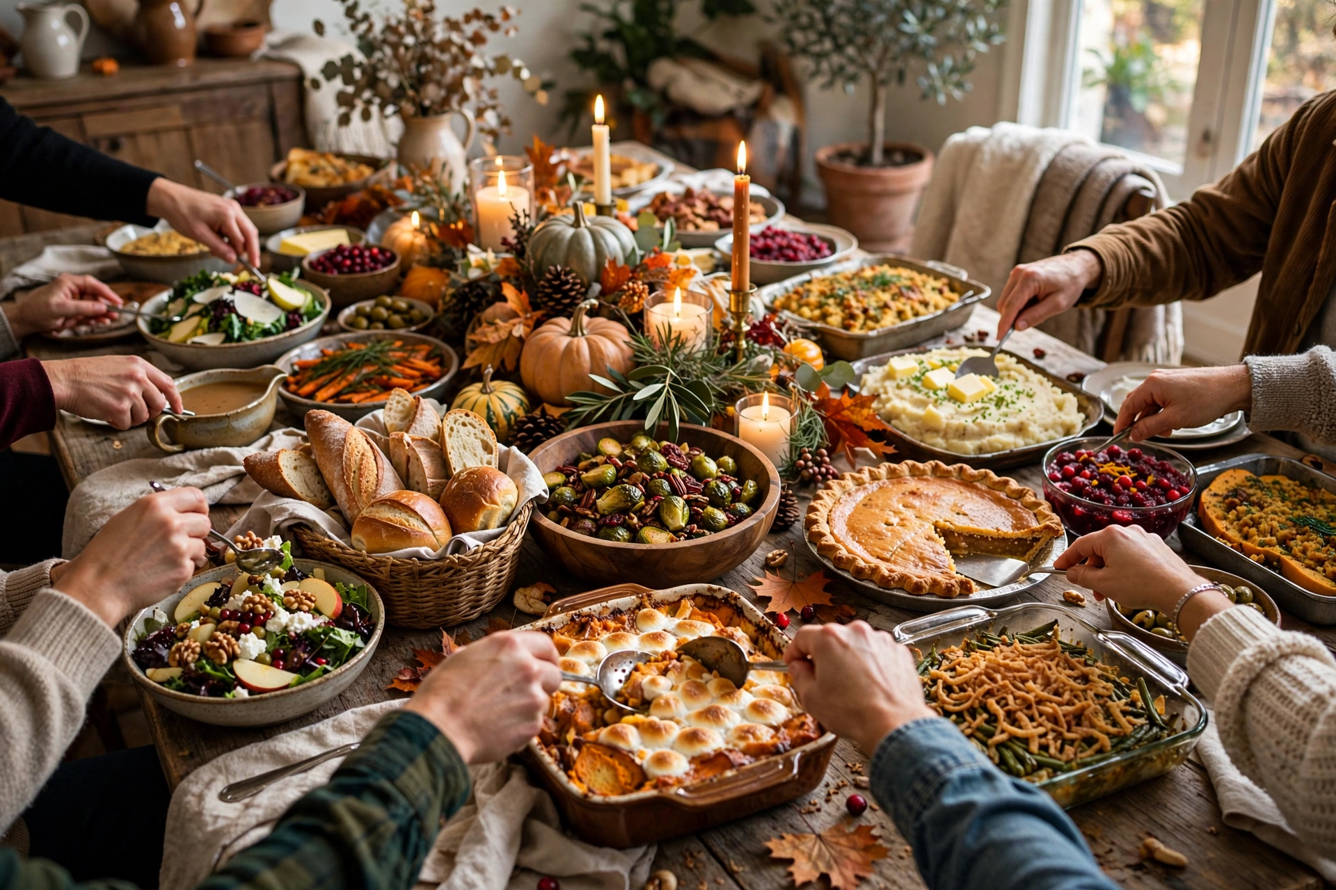 Buffet-style Thanksgiving potluck table loaded with casseroles, salads, breads, and pies