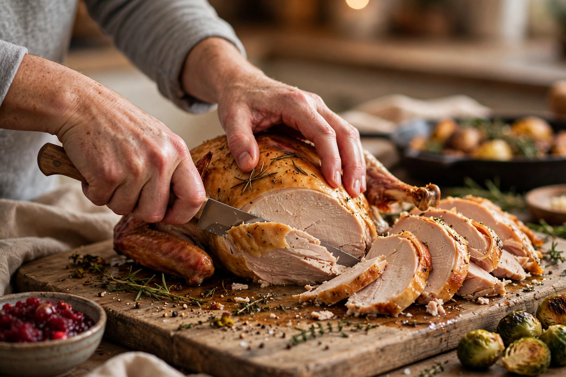 Carving the turkey Carving a rested roasted turkey on a cutting board