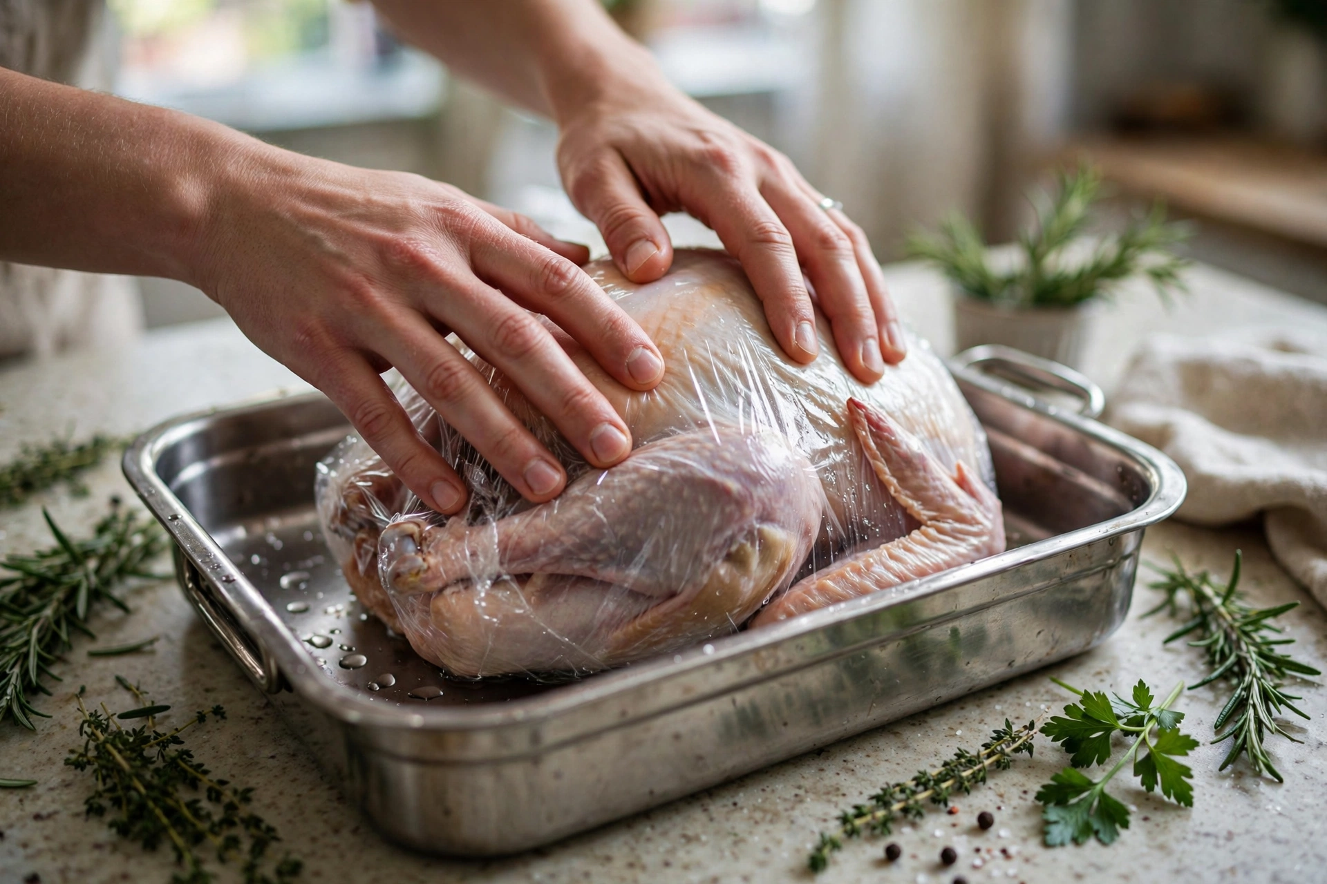 Checking if the turkey has thawed Hands pressing on a wrapped turkey to check if it has thawed
