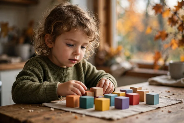 Preschooler practicing counting skills from Thanksgiving worksheets with colorful wooden blocks