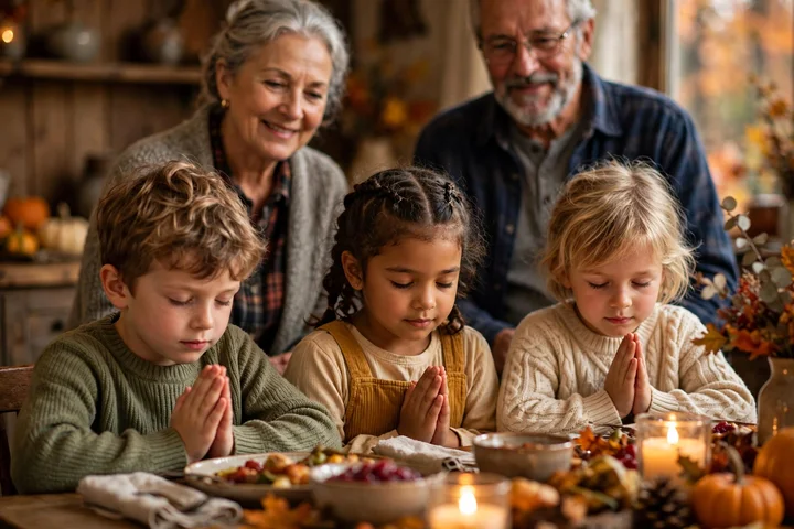 Children at the thanksgiving table during a simple thanksgiving prayer