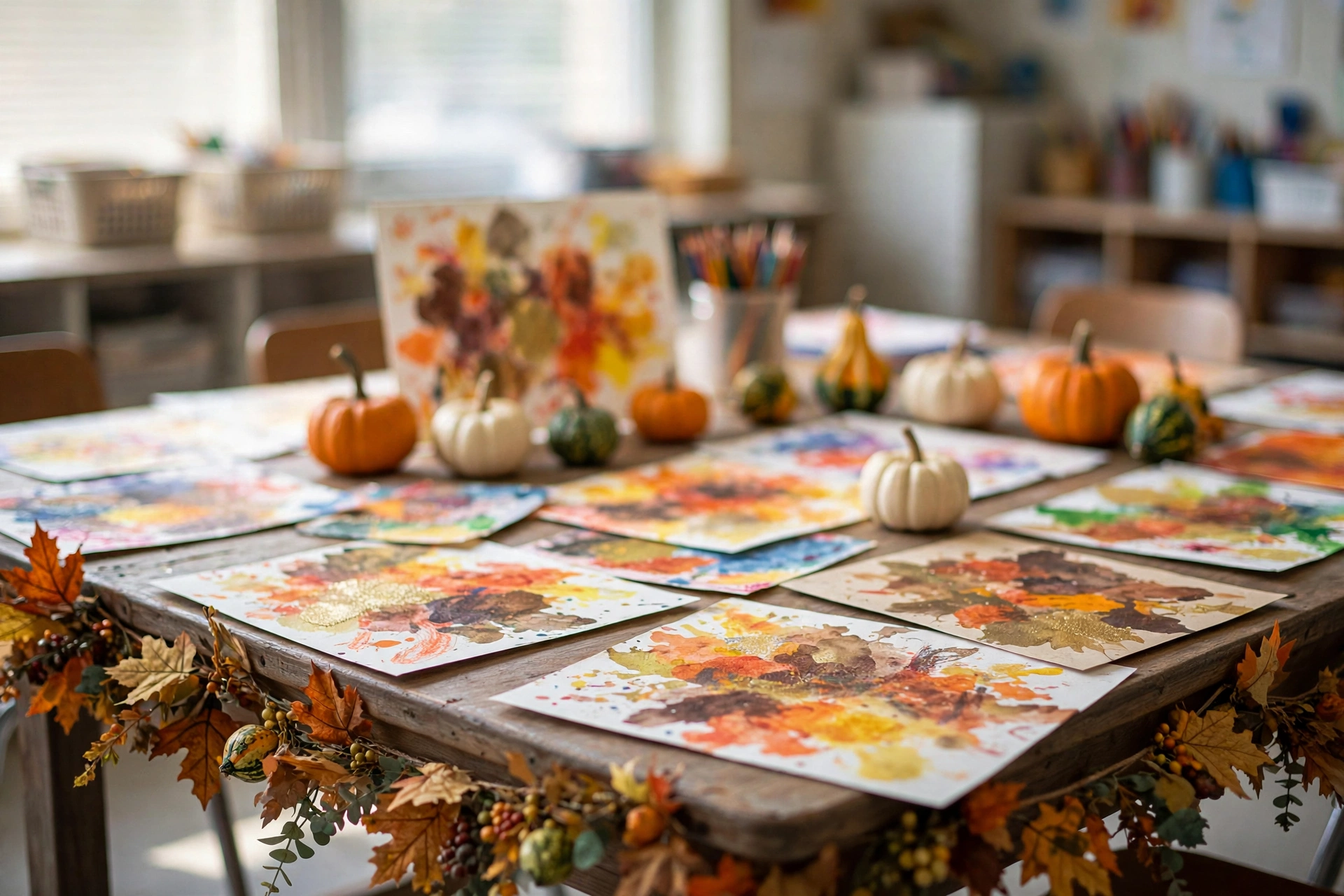 Classroom display table of student Thanksgiving artwork for thanksgiving classroom activities