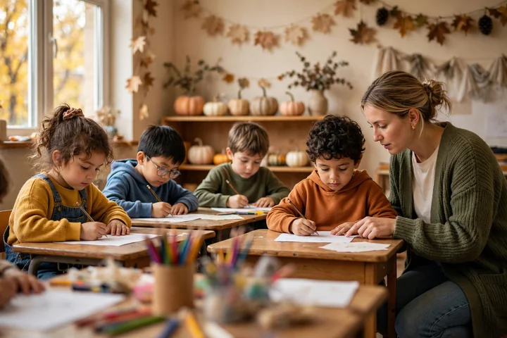Teacher helping young students with Thanksgiving worksheets in a fall-decorated classroom