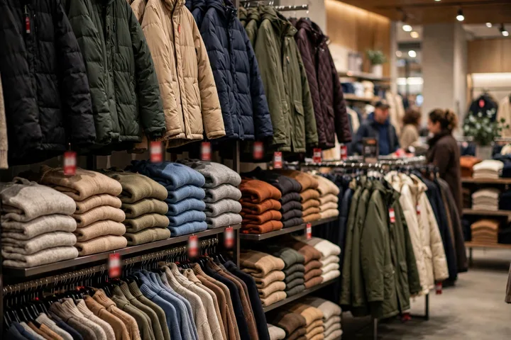 Clothing sale racks with Black Friday 2026 discounts in a retail store