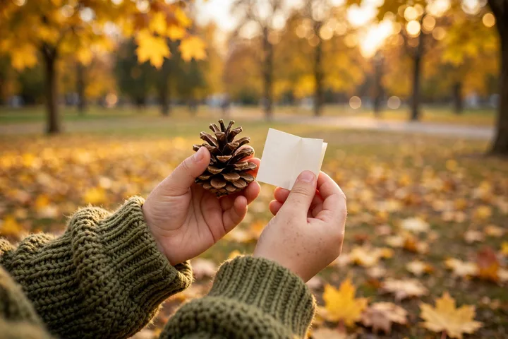 Child holding a pinecone clue during a Thanksgiving scavenger hunt