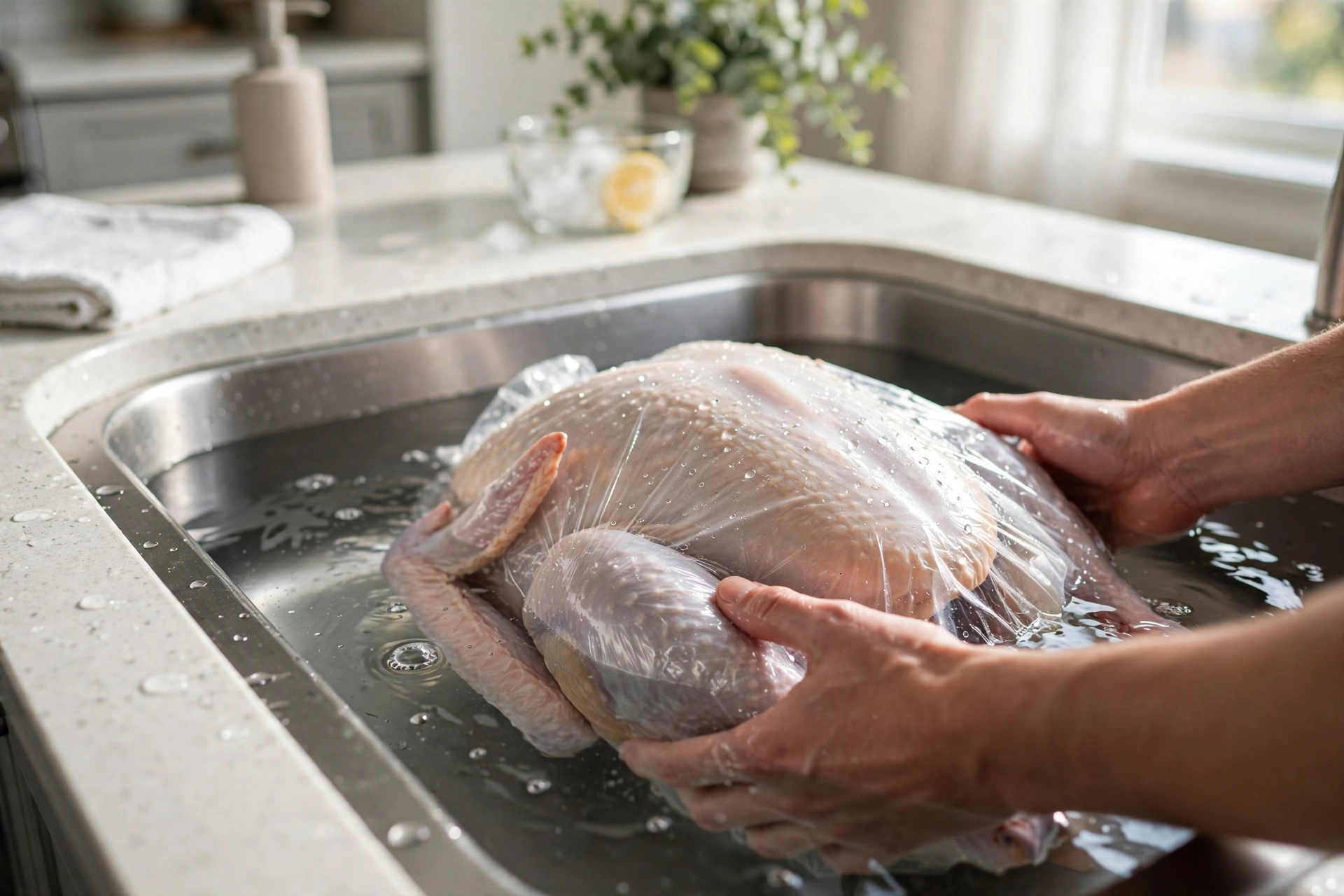 Cold water thawing method Wrapped turkey submerged in cold water in a kitchen sink