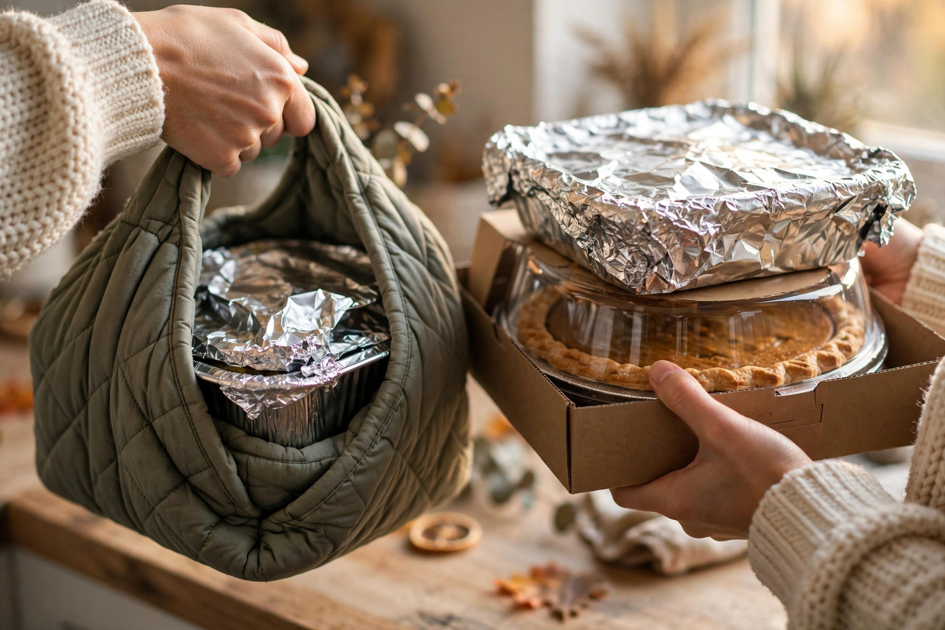 Covered casserole dishes and a pie packed for transport to a Thanksgiving potluck