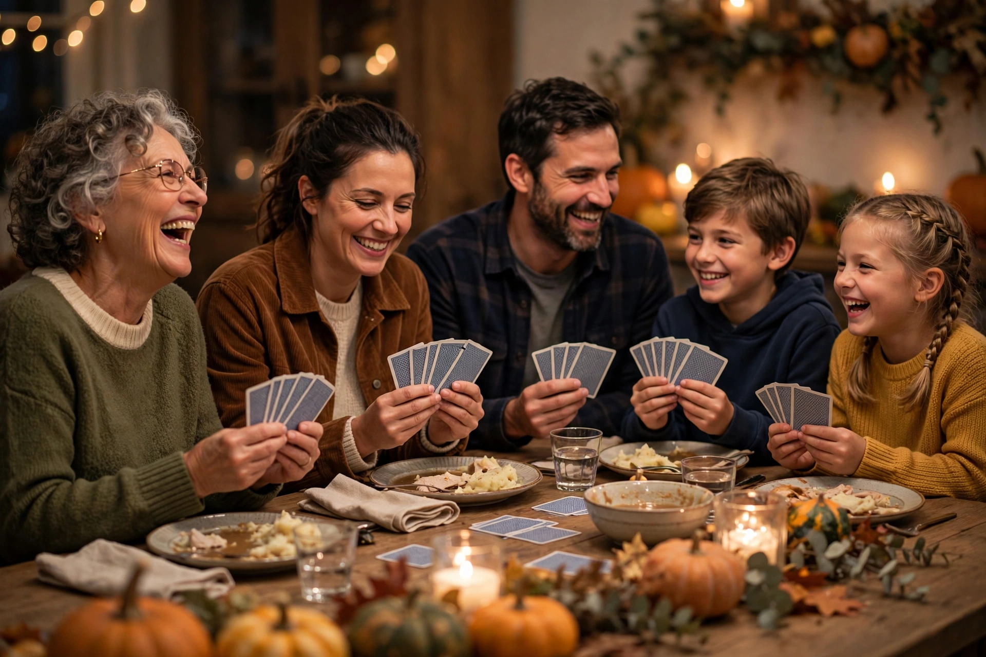 Family laughing while playing a card game together at the Thanksgiving dinner table