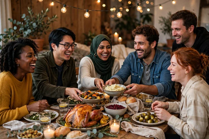 Friends of different faiths sharing thanksgiving prayers at a diverse holiday dinner