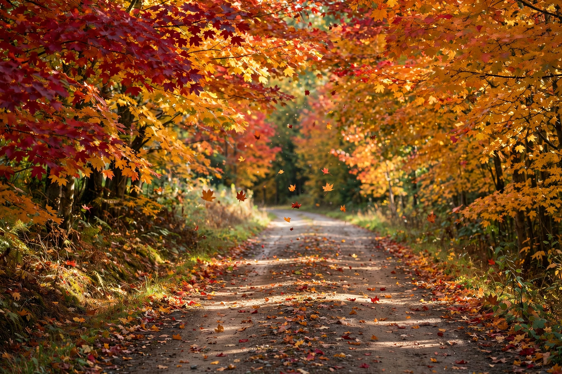 Maple trees with red and gold fall leaves along a country road at peak autumn