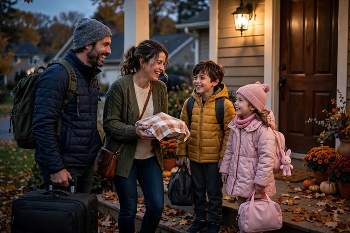 Family arriving at home with suitcases and a homemade pie, the happy ending these Thanksgiving travel tips 2026 are aiming for