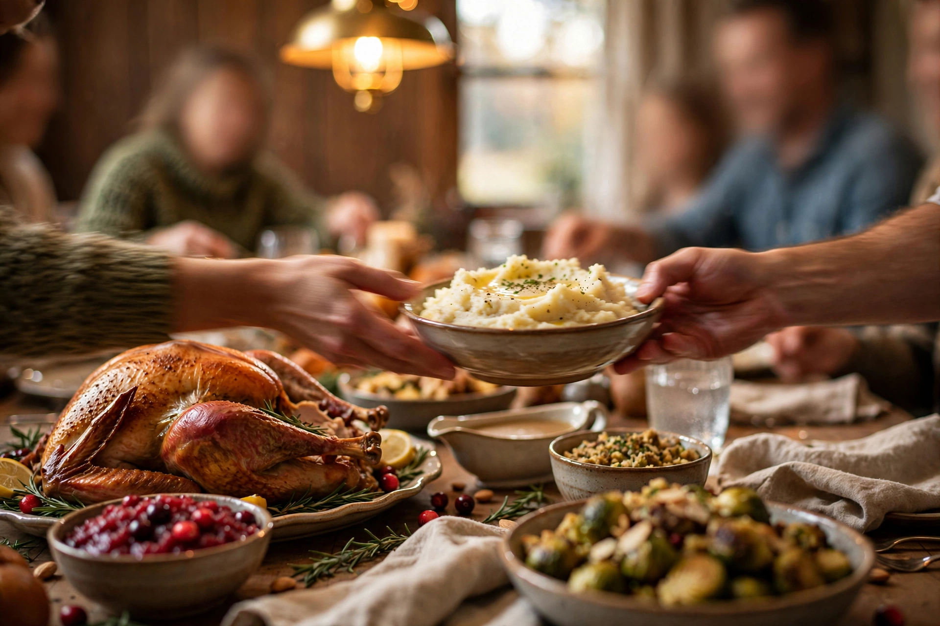 Family passing dishes around a warm Thanksgiving dinner table with roast turkey and side dishes