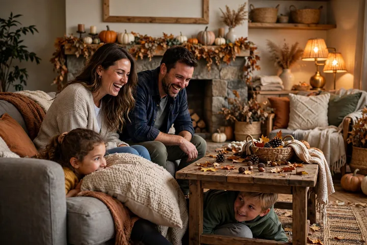 Family playing an indoor Thanksgiving scavenger hunt in a fall-decorated living room