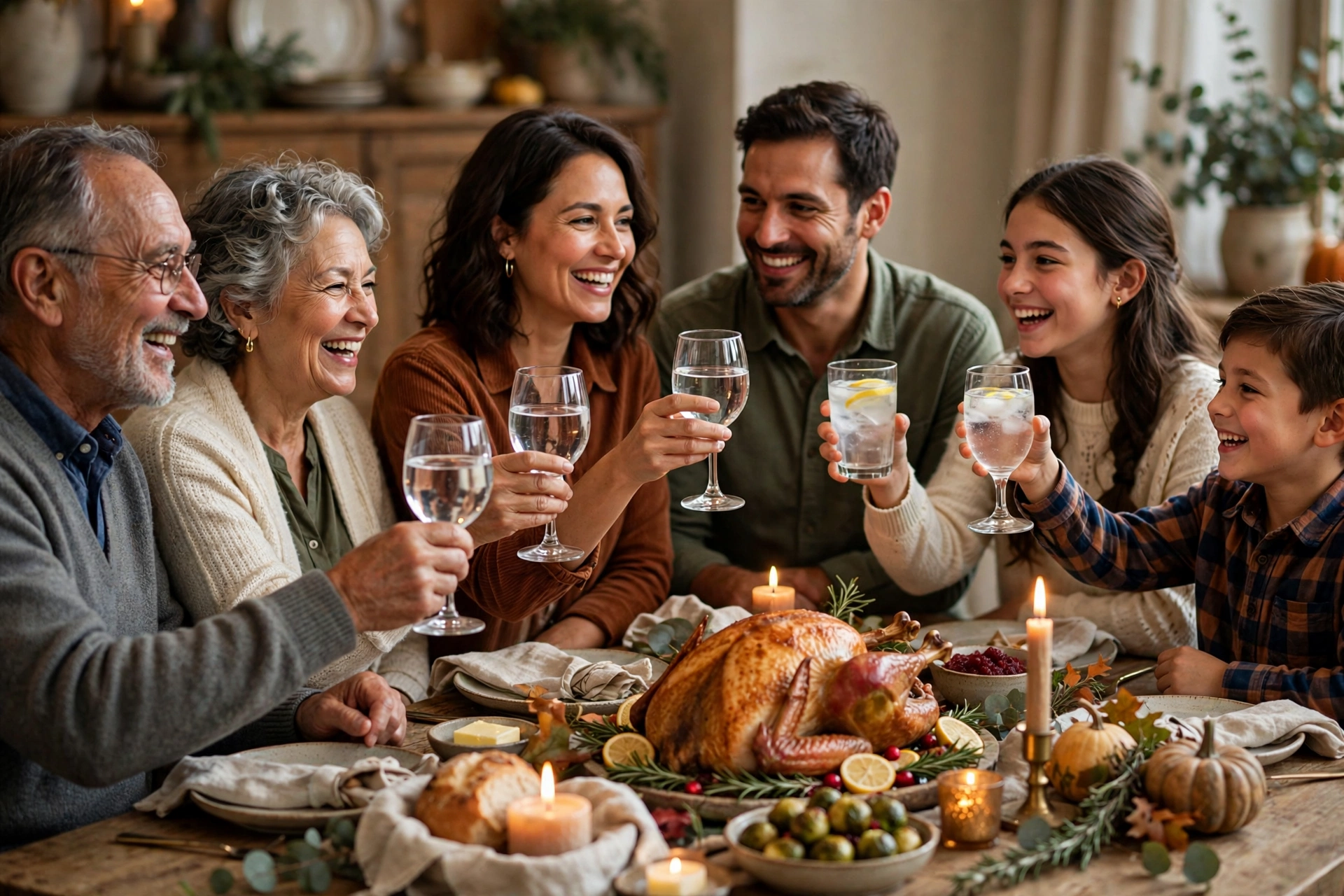 Multi-generational family raising glasses in a Thanksgiving toast, a perfect moment for Thanksgiving wishes
