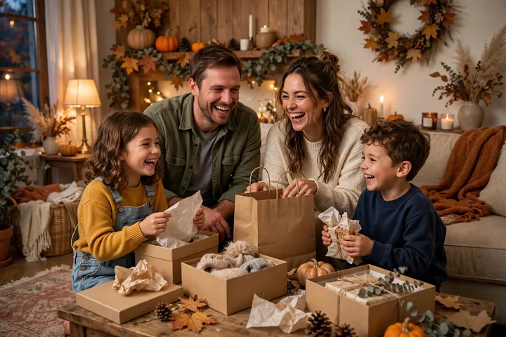 Family unboxing Black Friday 2026 shopping bags and gifts together