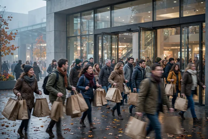 Shoppers with bags streaming into a mall on Black Friday 2026 morning